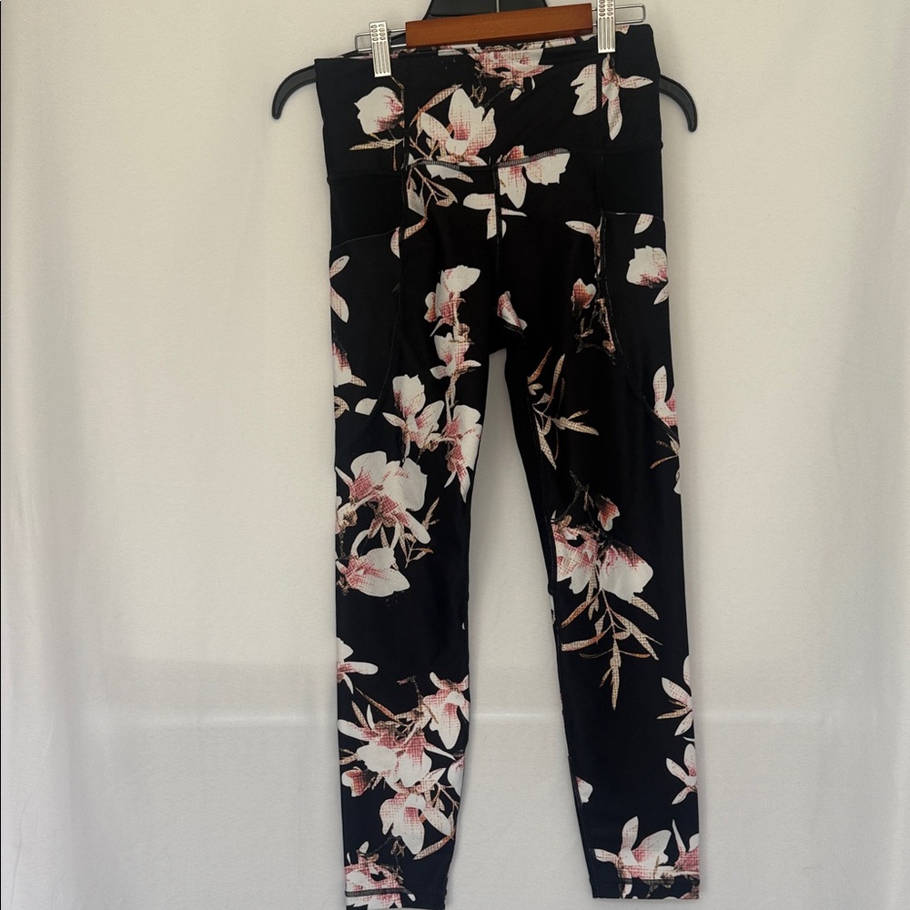 Athleta Black Leggings with Pink and White Floral Print